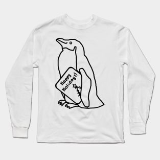 Cute Christmas Penguin says Happy Holidays Line Drawing Long Sleeve T-Shirt